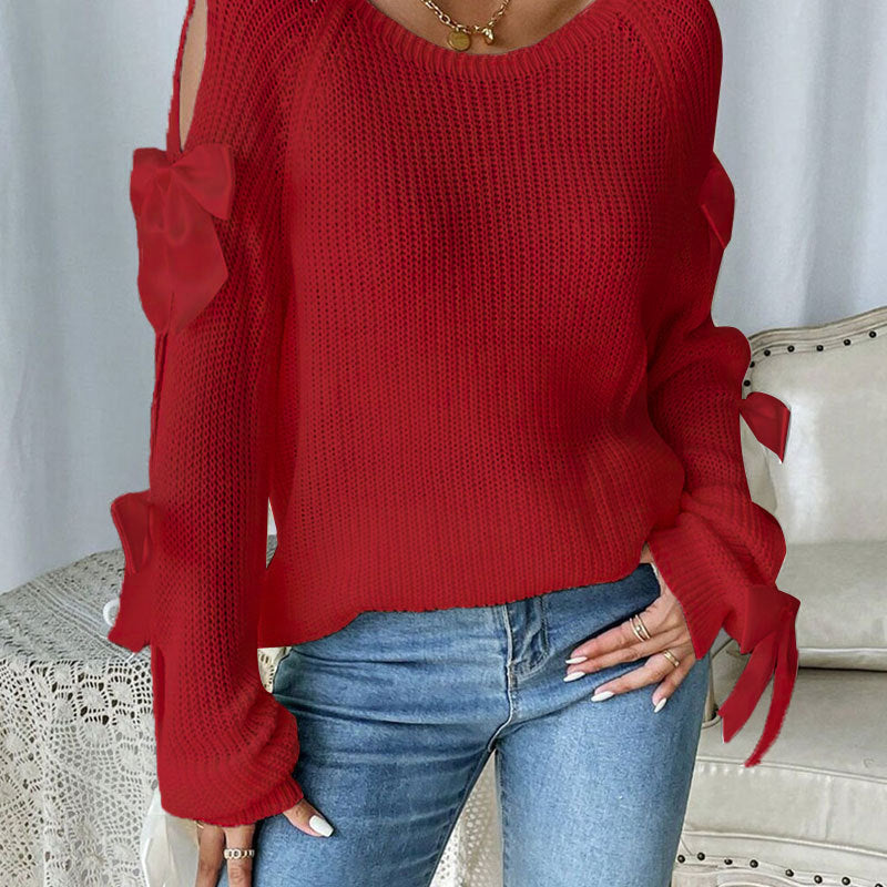 Red Knit Bow Sleeve Top Premium Fabric - product view 1
