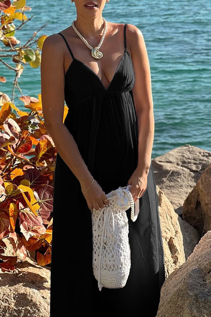 black suspender deep V high-waisted loose dress