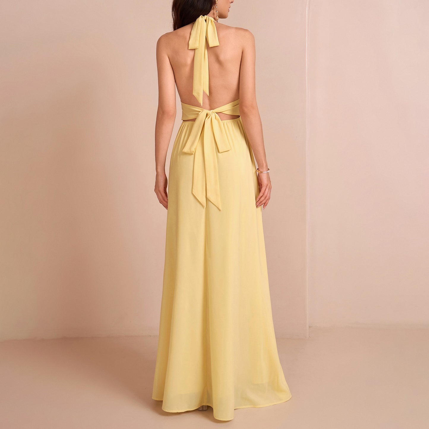 yellow deep V halter tie backless slit gown