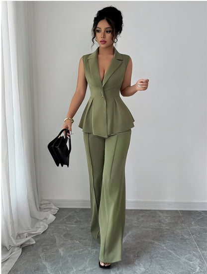 green Deep V-neck Sleeveless Pleated Top with Wide-Leg Pants Set