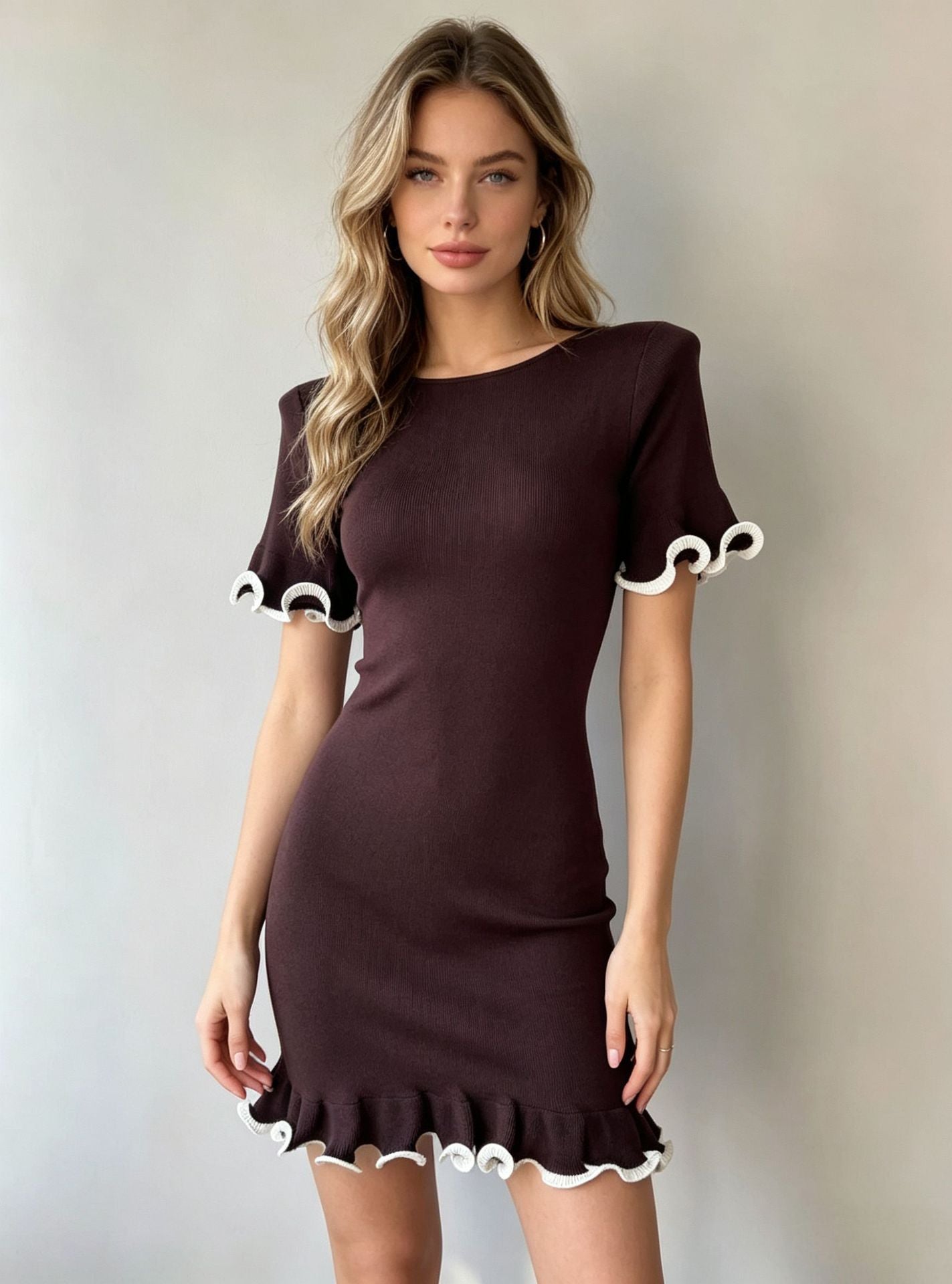 Ruffled Short-Sleeve Knit Dress with Rolled Cuffs