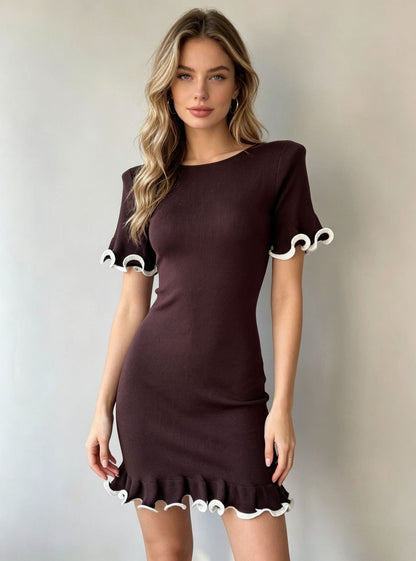 Ruffled Short-Sleeve Knit Dress with Rolled Cuffs