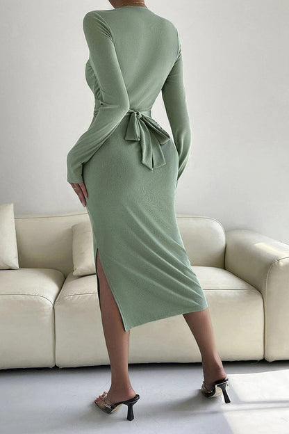 sandy Round neck long sleeve bodycon midi dress