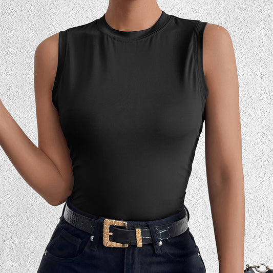 black sleeveless crew neck milk silk short tank top