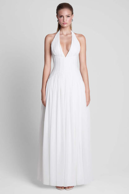 white suspender backless maxi dress