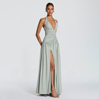 green halterneck slim back dress