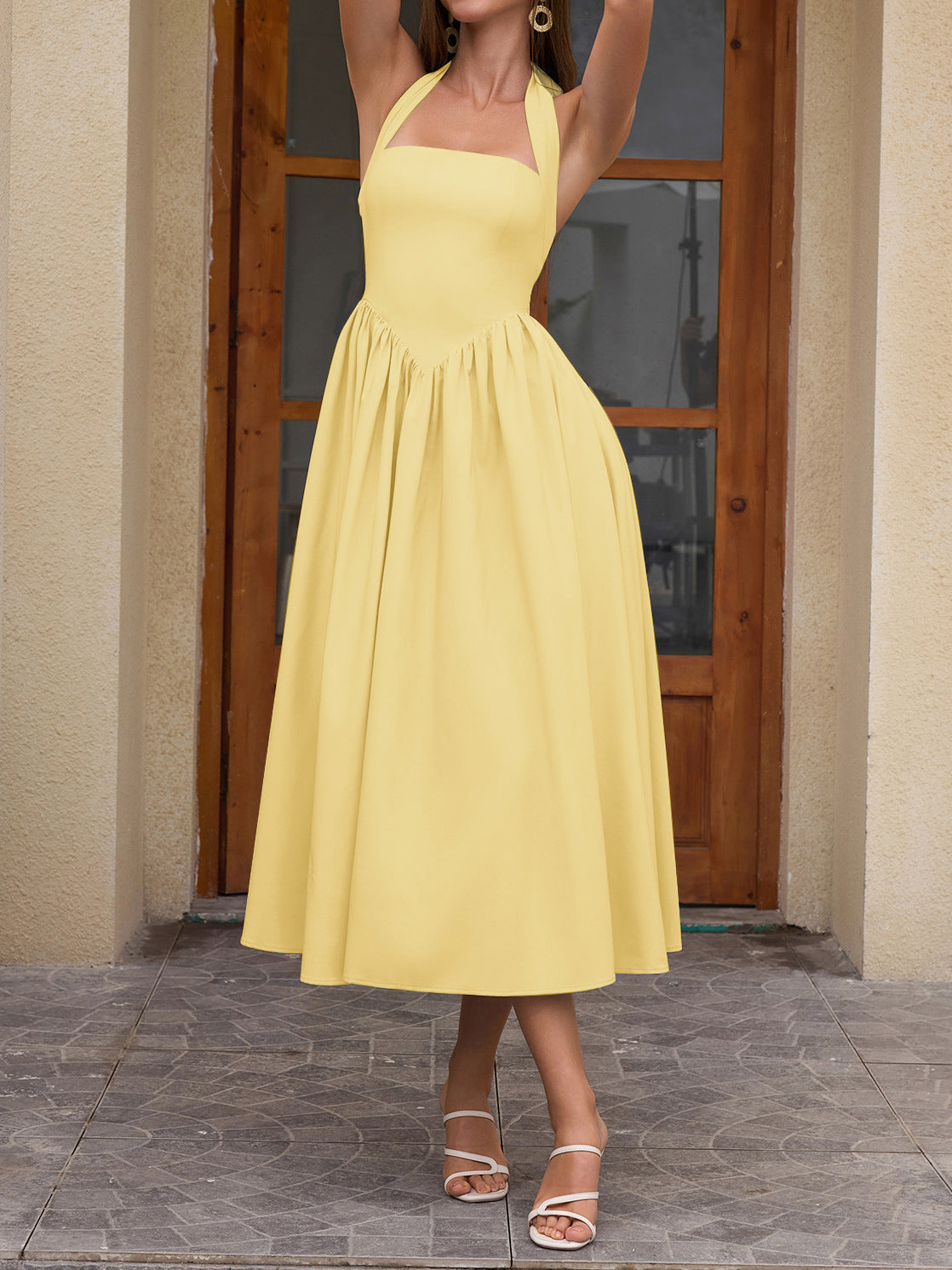 yellow halterneck strap backless midi dress