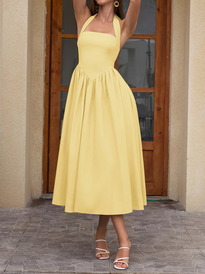 yellow halterneck strap backless midi dress