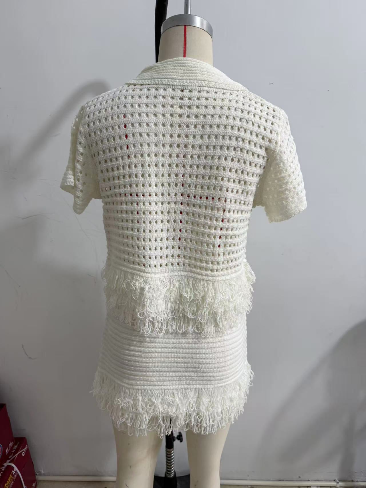 Cross-border European and American clothing AliExpress INS fringed short-sleeved knitted jacket + high-waisted miniskirt set