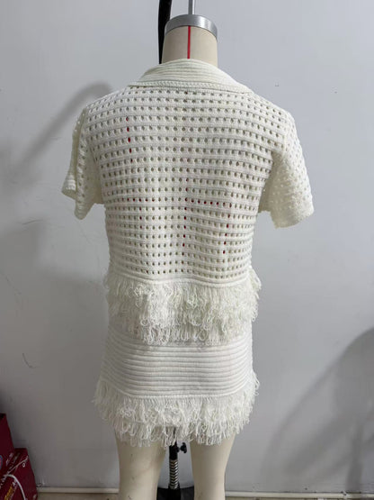 Cross-border European and American clothing AliExpress INS fringed short-sleeved knitted jacket + high-waisted miniskirt set