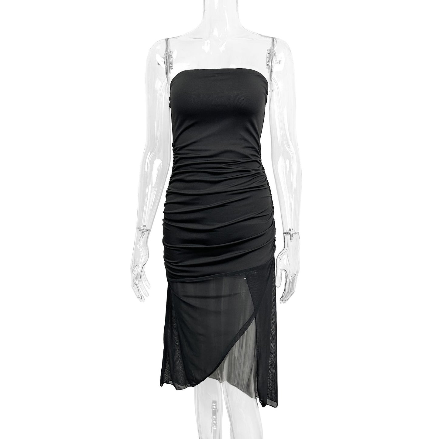Strapless backless fitted mesh asymmetrical dress