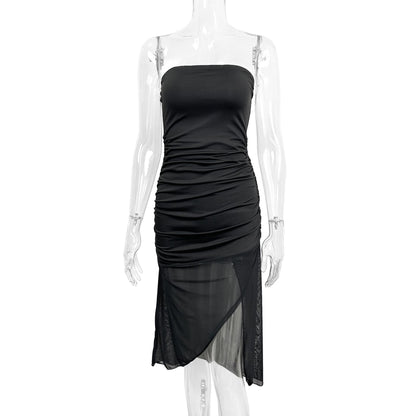 Strapless backless fitted mesh asymmetrical dress