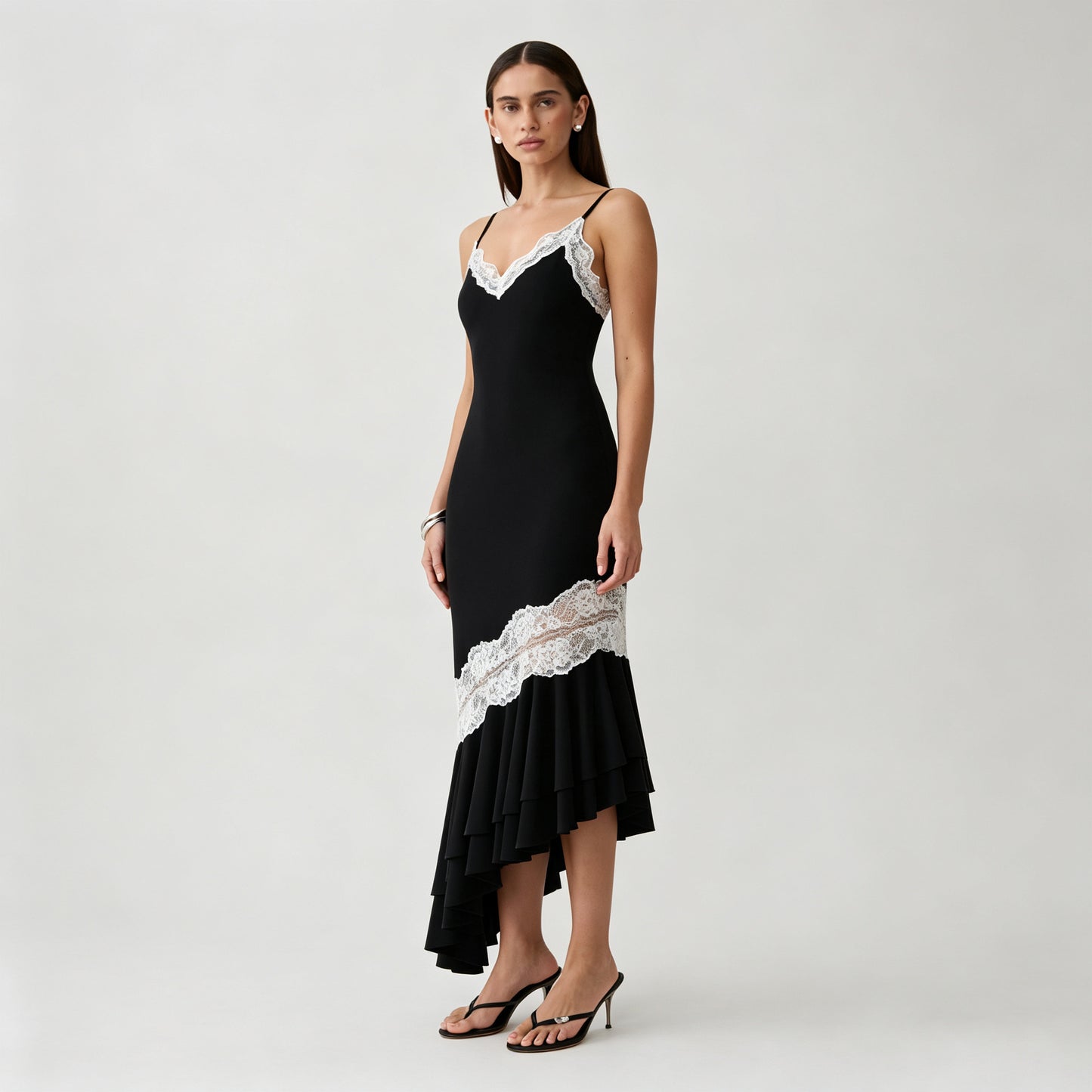 Black V-neck camisole maxi dress with asymmetrical lace splicing & cut-out