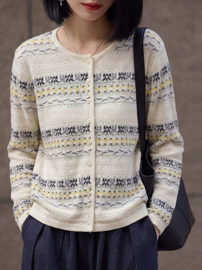 New Crew-neck Jacquard Cut-out Cardigan