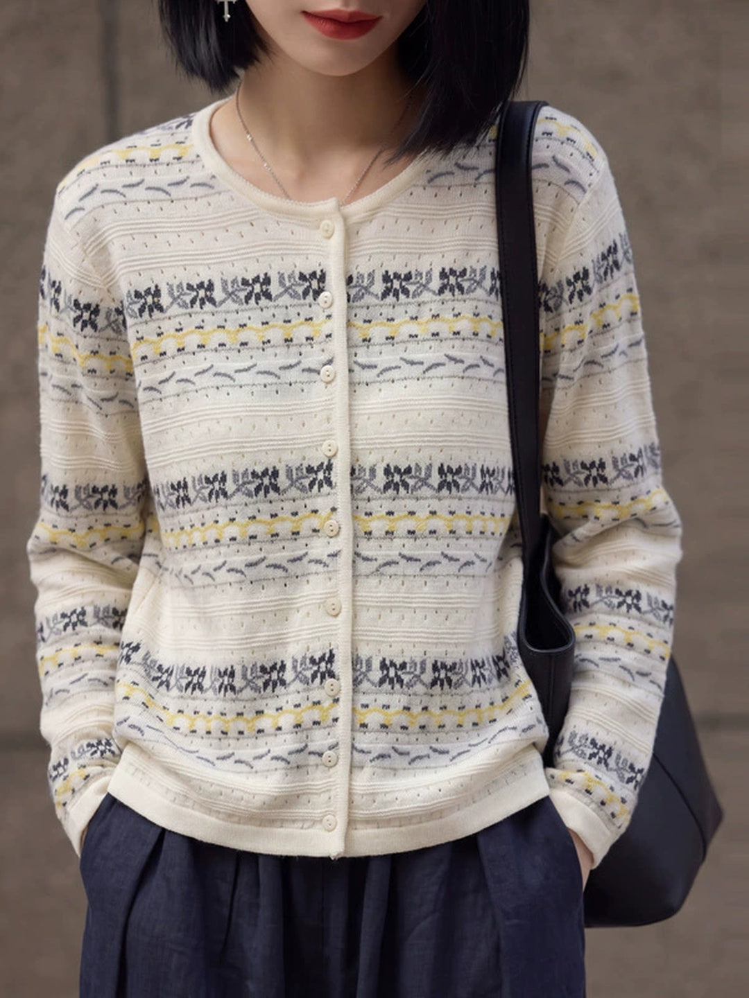 New Crew-neck Jacquard Cut-out Cardigan