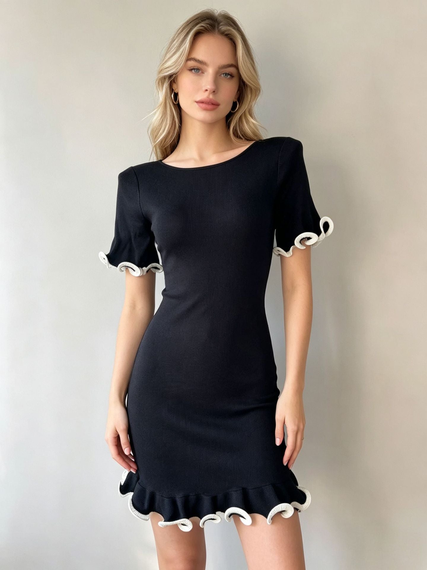 Ruffled Short-Sleeve Knit Dress with Rolled Cuffs