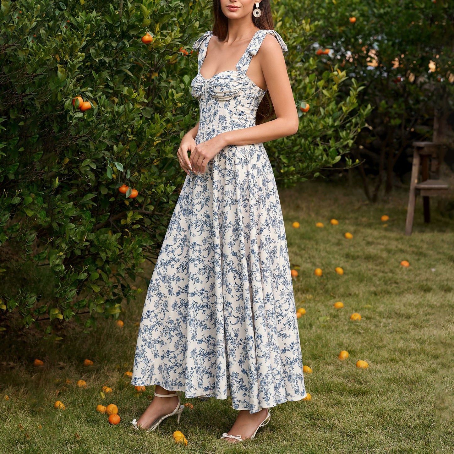 blue print slip backless waist-tied dress