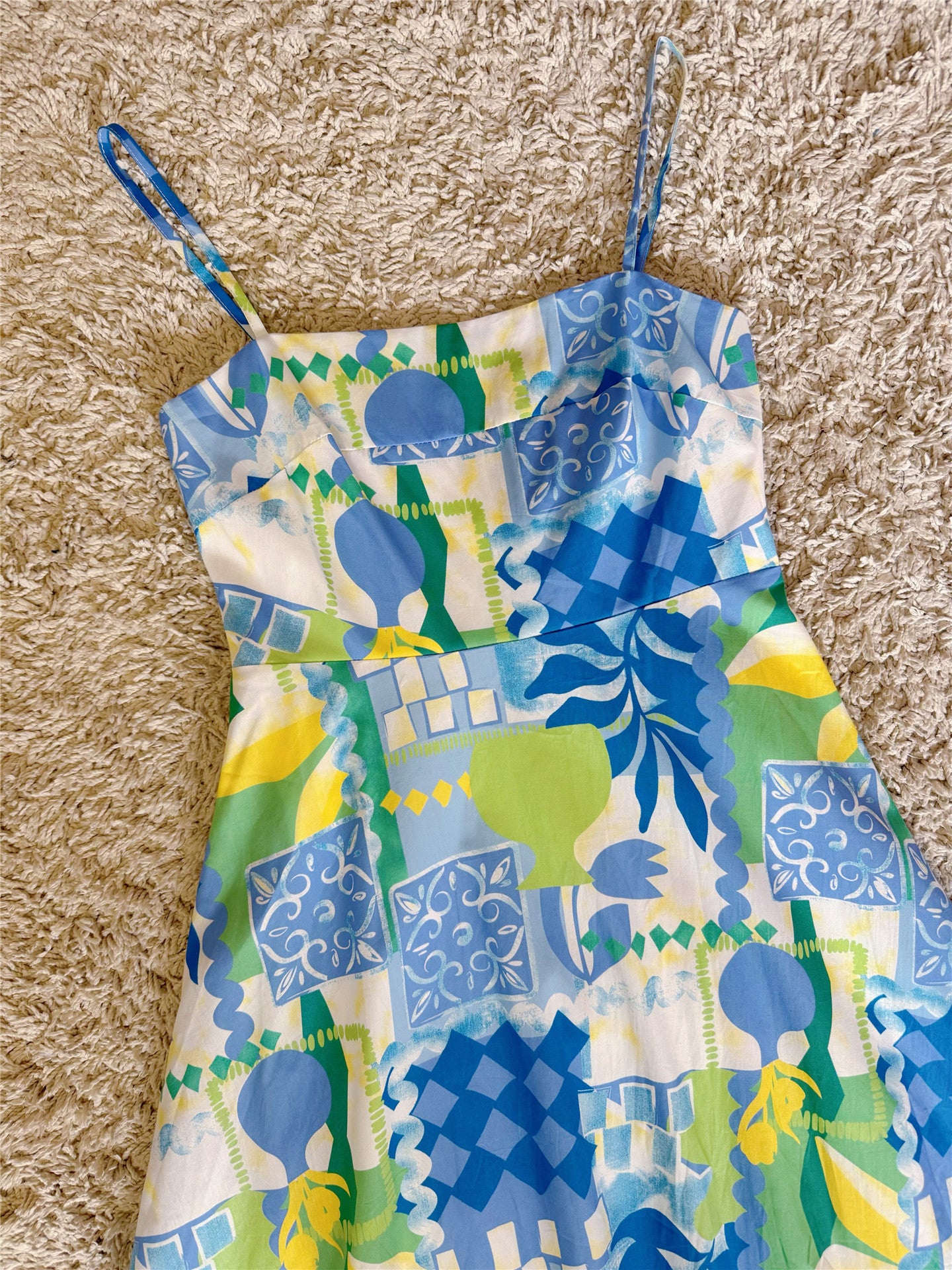 Scalloped Trim Tropical Patchwork Print Spaghetti Strap Maxi Dress
