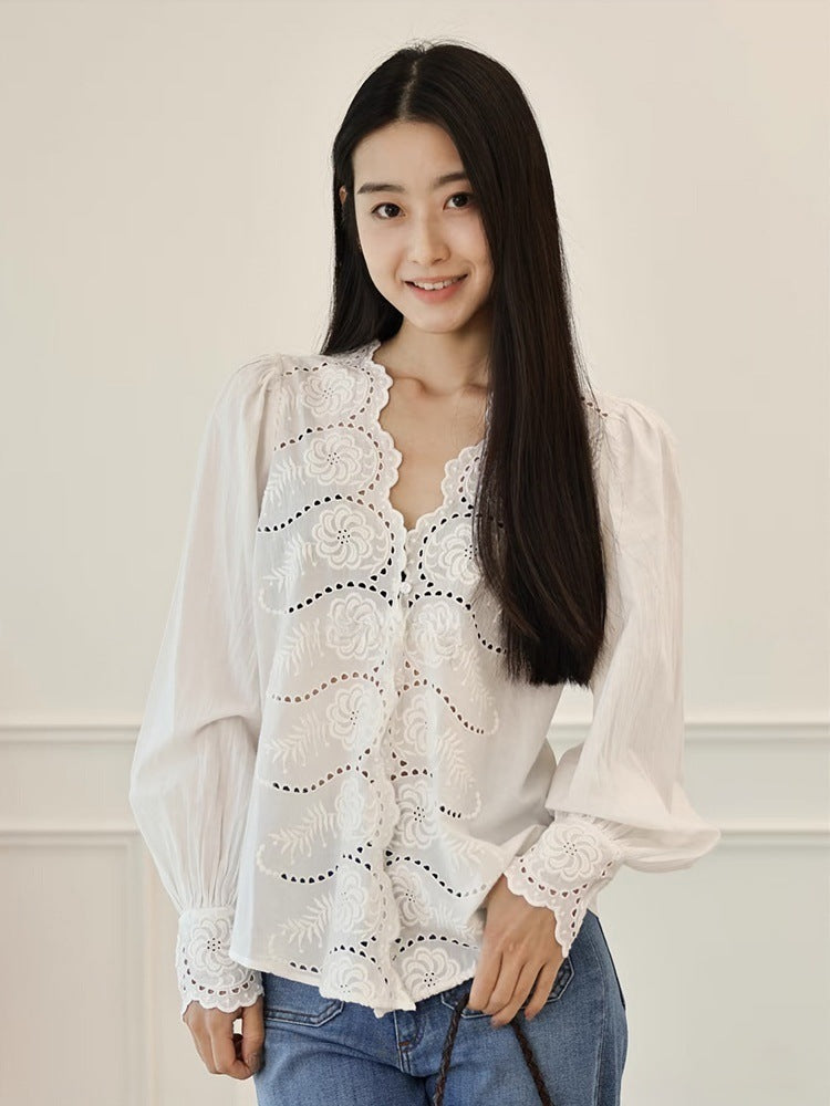 French floral embroidered openwork wavy collar shirt