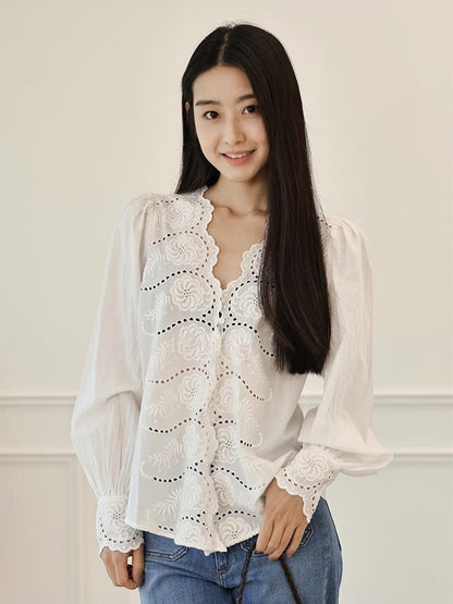 French floral embroidered openwork wavy collar shirt