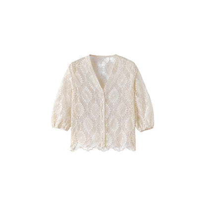 Hollow-out lace embroidered short cardigan - apricot