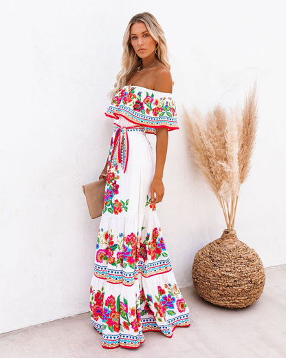 Off-shoulder printed maxi dress with a full skirt