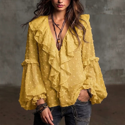 Polka dot print ruffle shirt - yellow