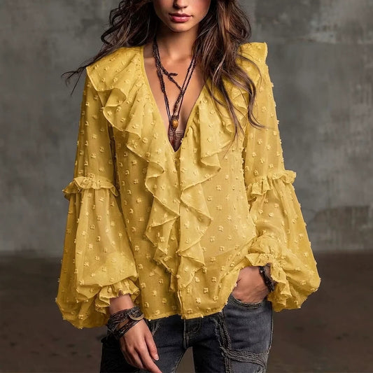 Polka dot print ruffle shirt - yellow