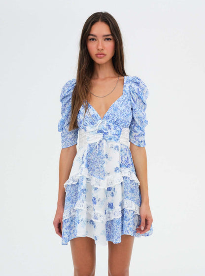 Floral lace patchwork deep V-neck puff sleeves mini dress