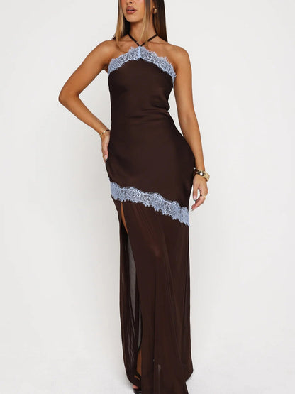Halter-neck lace color-block patchwork backless dress
