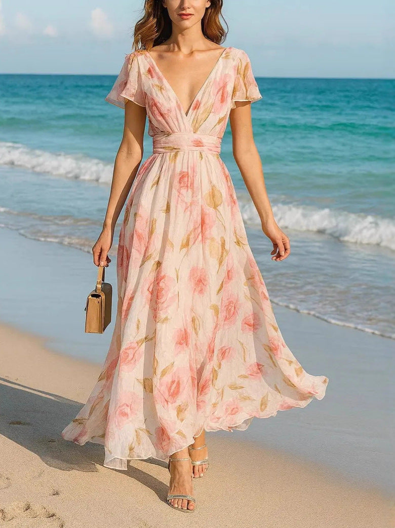 Deep V Ruffle Sleeve Watercolor Floral Chiffon Maxi Dress