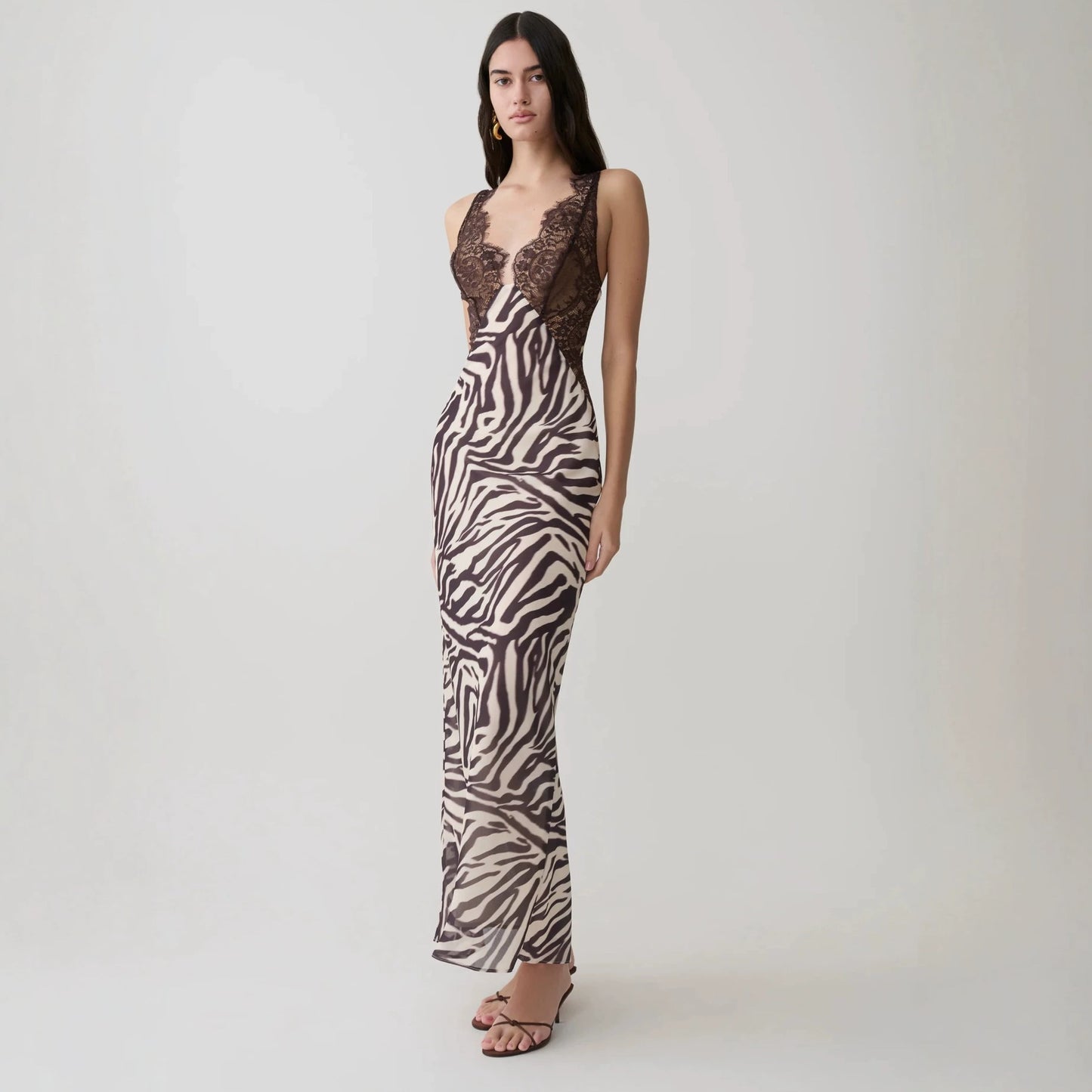 Zebra-print lace-panelled slit camisole maxi dress