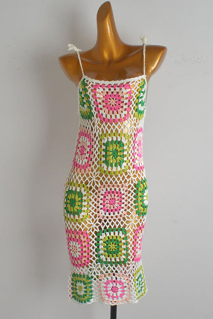 Pink & Green Granny Square Crochet Mini Dress