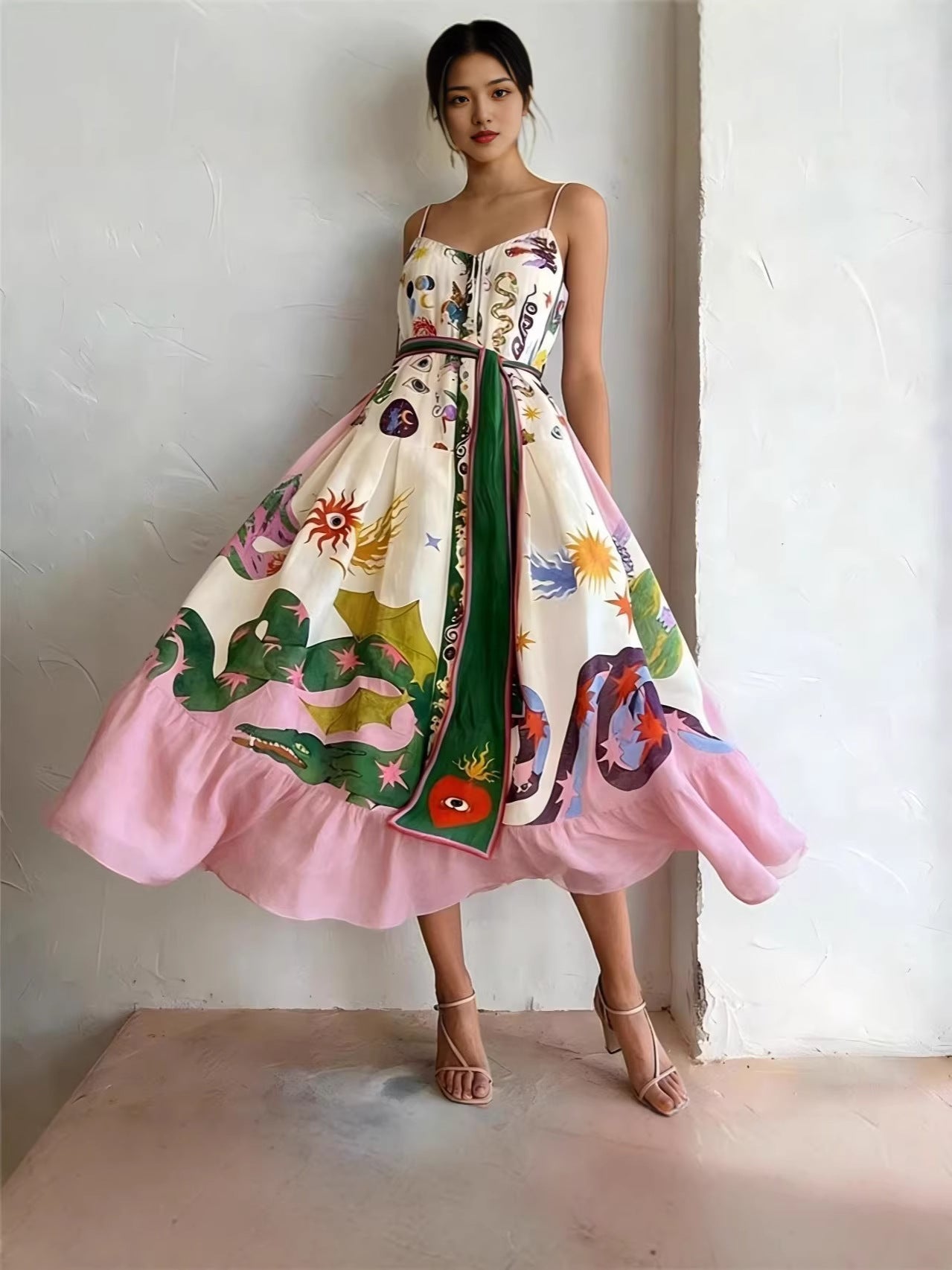 Printed camisole full-sweep maxi dress with ruffled