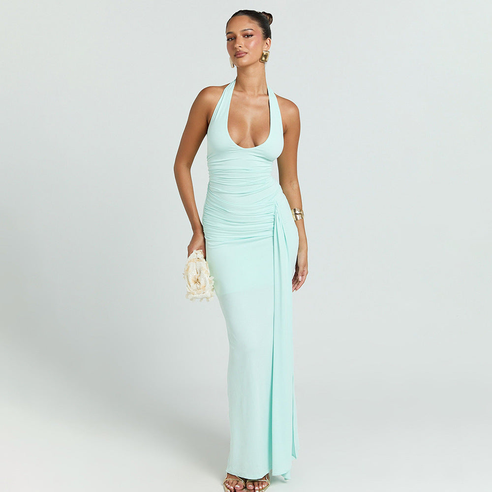 green deep V halterneck open back streamer dress