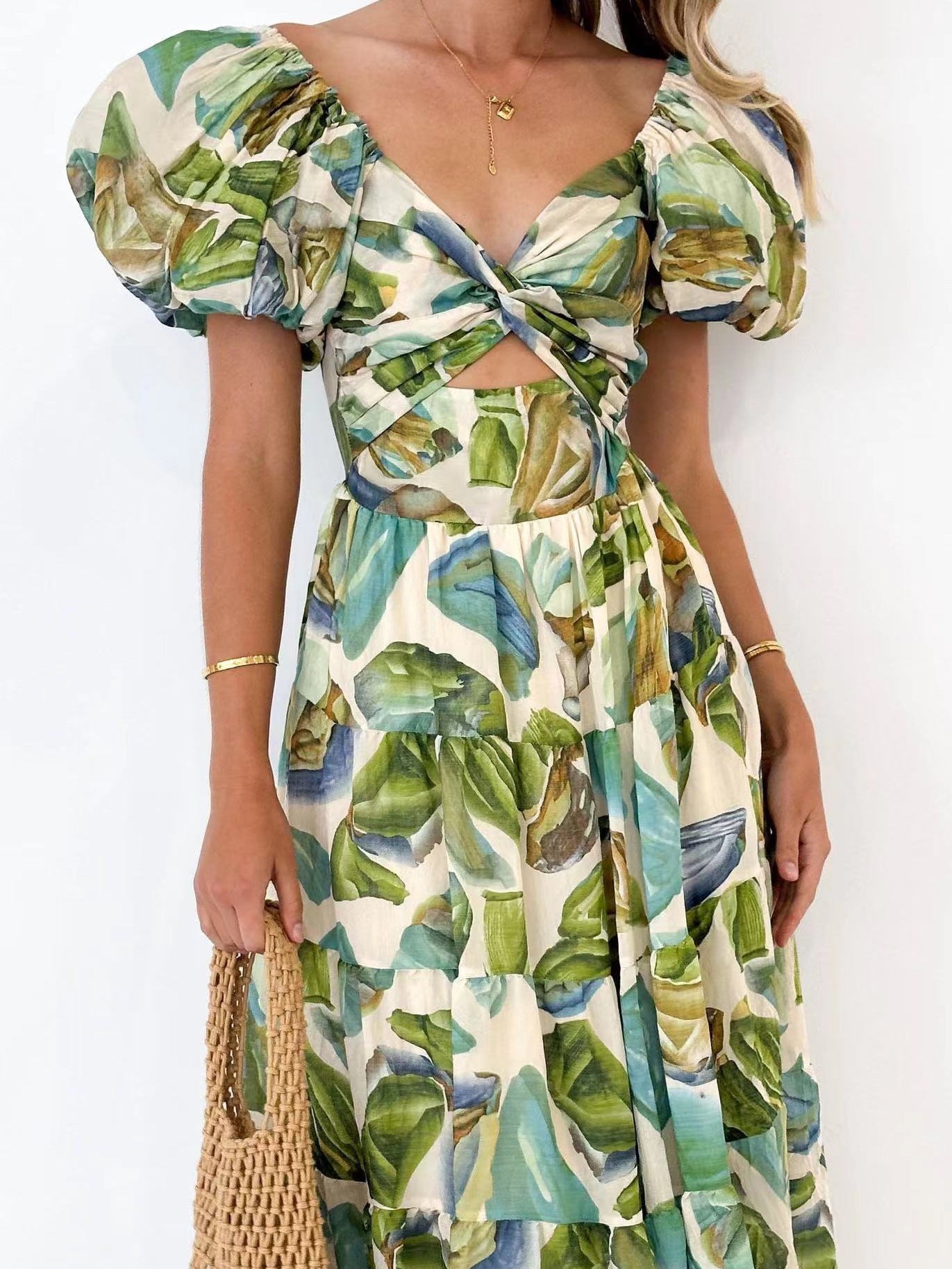Printed puff-sleeve maxi dress with full flared skirt