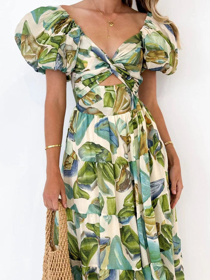 Printed puff-sleeve maxi dress with full flared skirt