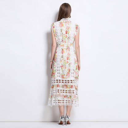 print A-line lace trim midi dress - white
