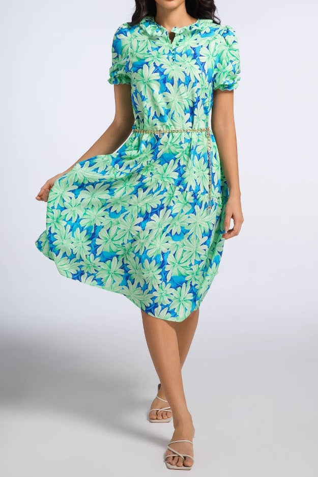 print ruffle-sleeve midi dress - green