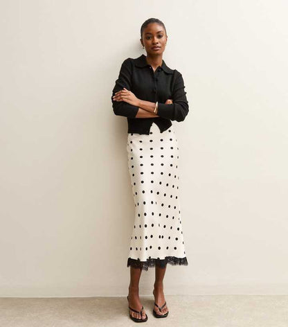 white polka dot lace patchwork midi skirt