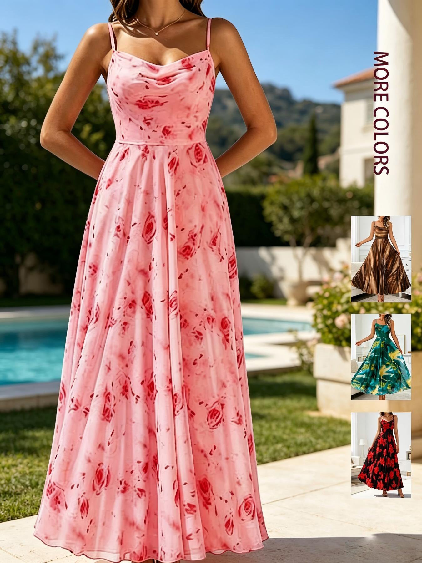 Swing Collar Strap Printed Chiffon Large Hem Waist-Cinching Dress