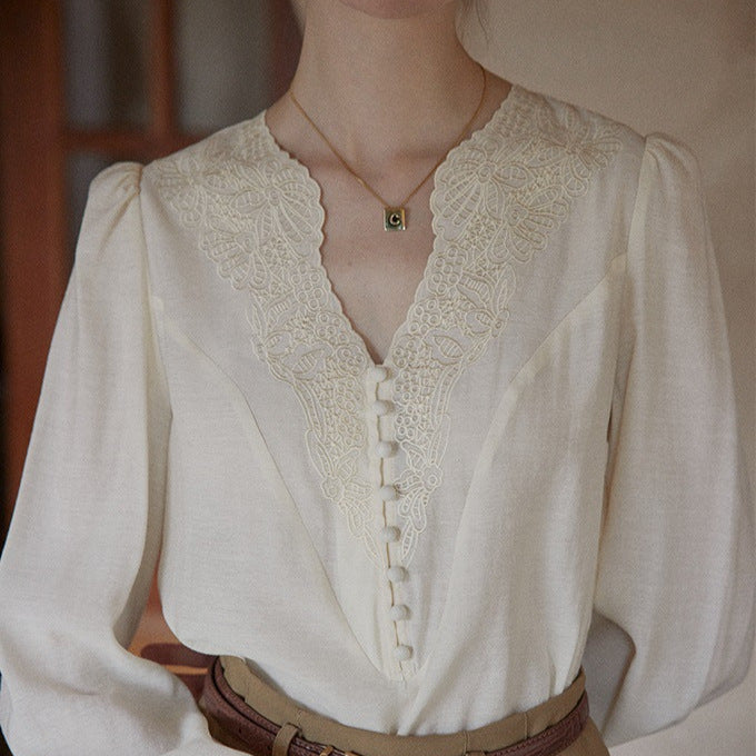 white Embroidery V-Neck French Retro Chic Shirt