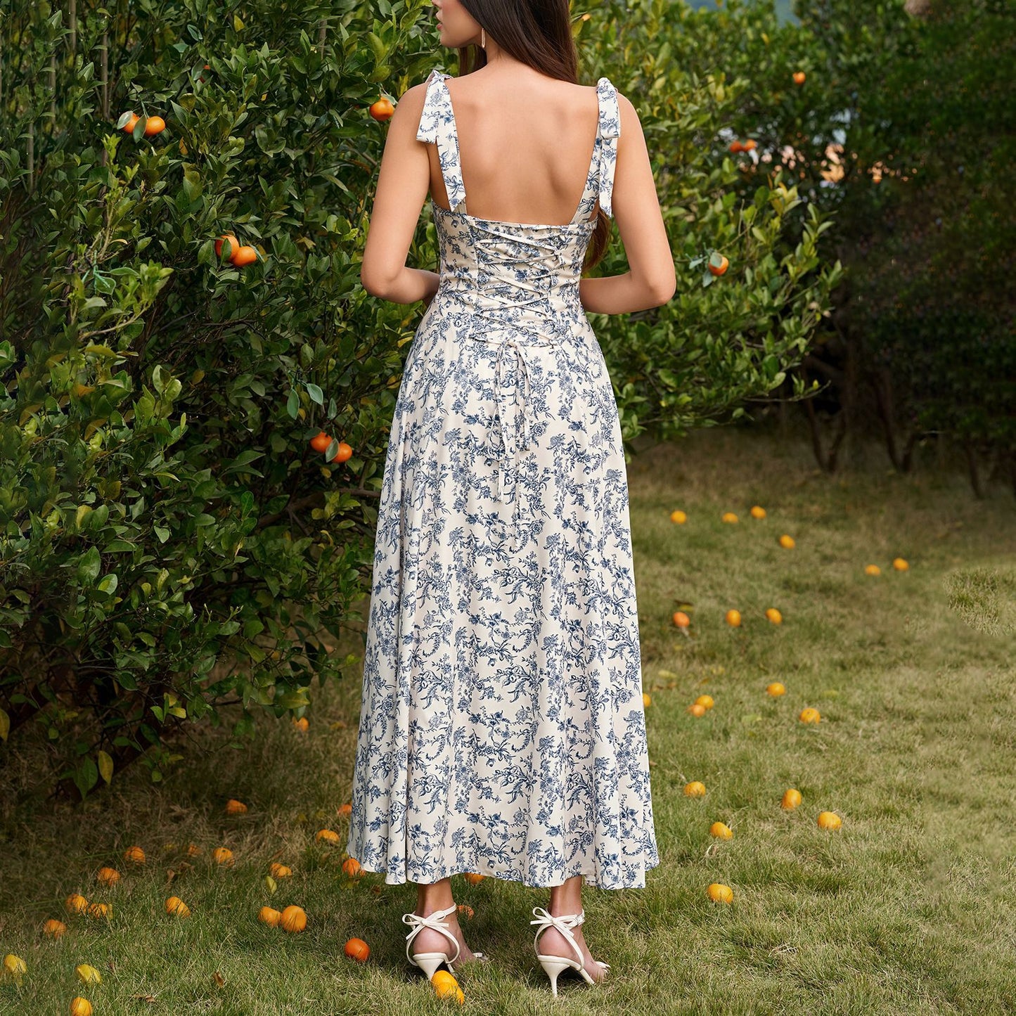 blue print slip backless waist-tied dress