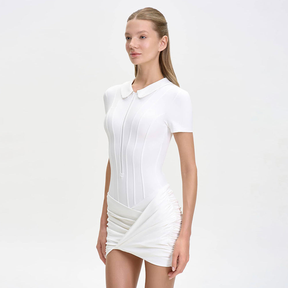 White Short Sleeve Fitted Mini Dress with Ruched Skirt Premium Fabric - product view 1