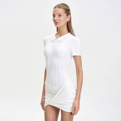 White Short Sleeve Fitted Mini Dress with Ruched Skirt Premium Fabric - product view 1