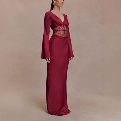 red lace patchwork V-neck satin hip maxi dress