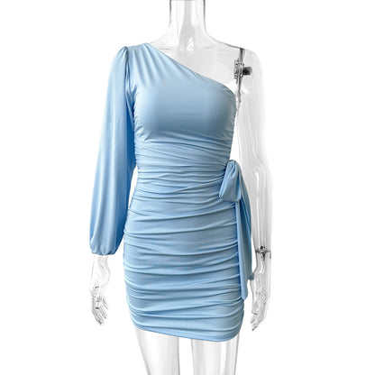 Asymmetrical neckline off-shoulder long-sleeved tie-up pleated mini dress
