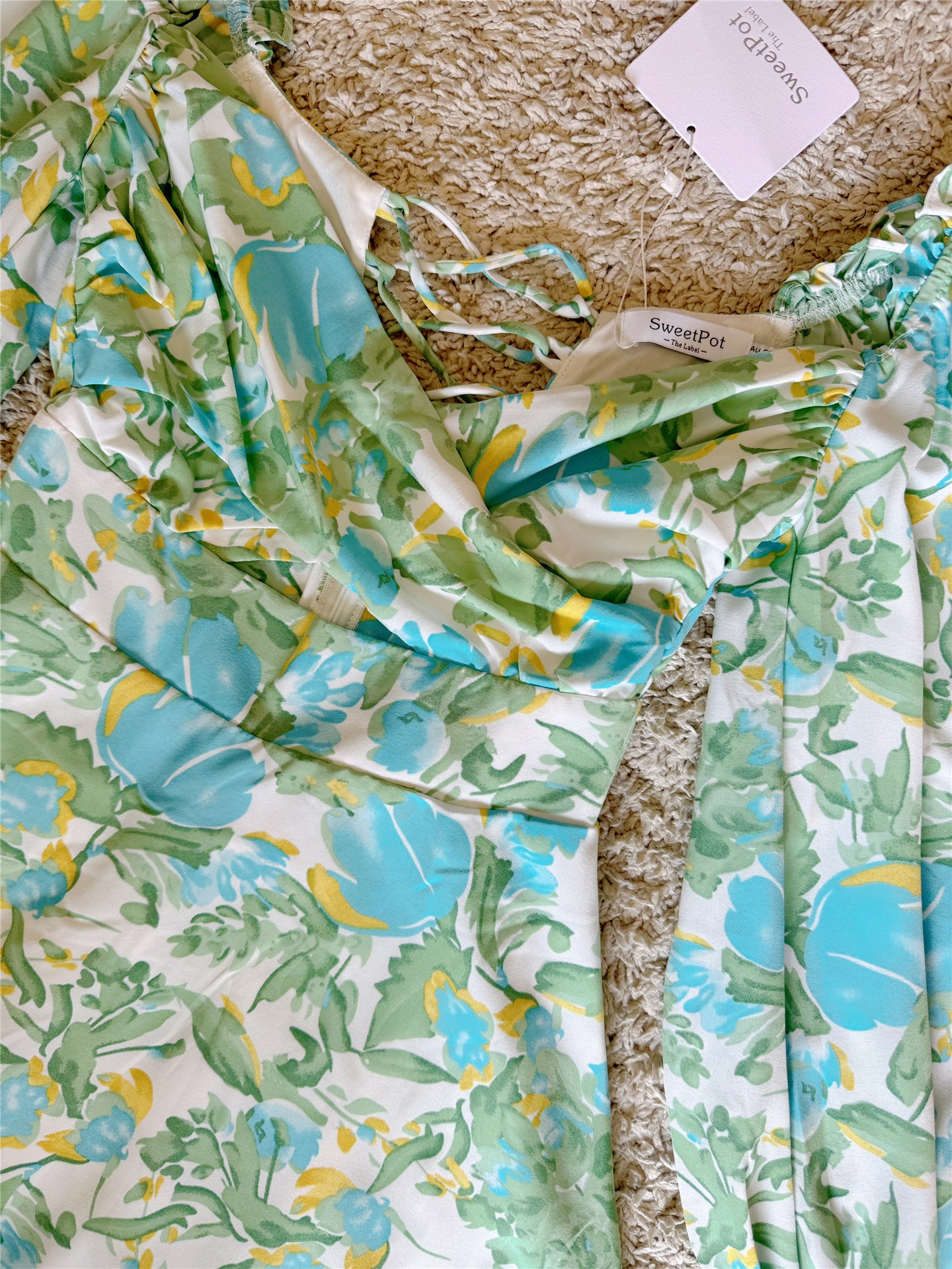 Off Shoulder Lace-Up Back Floral Puff Sleeve Mini Dress