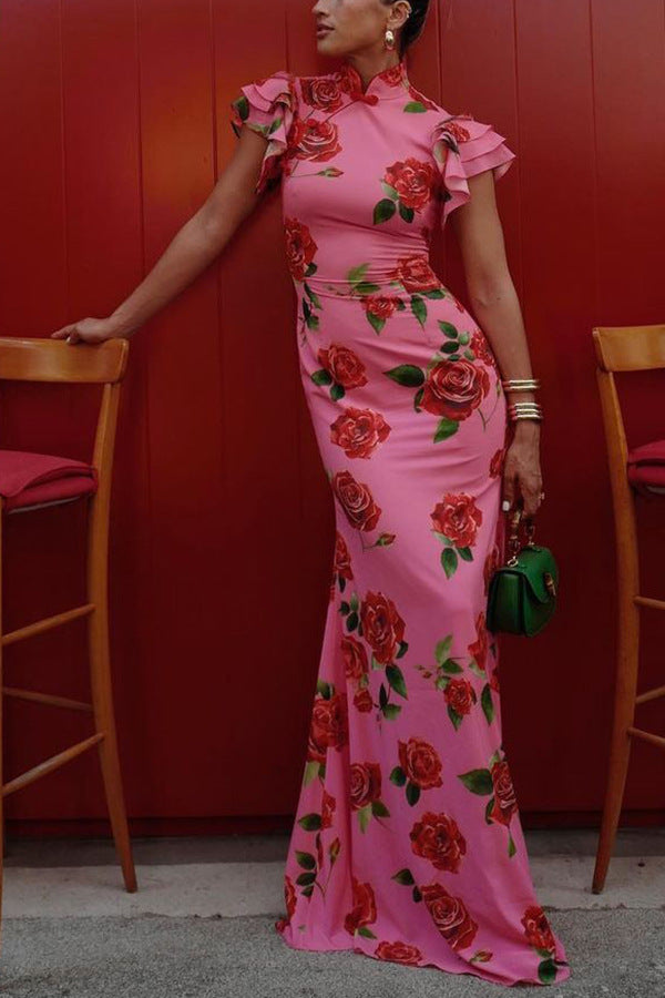ruffle sleeve floral print bodycon maxi dress