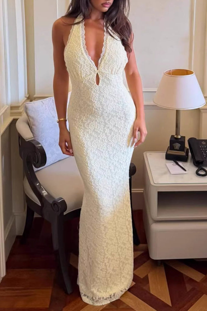 yellow lace hip lace-up halterneck maxi dress